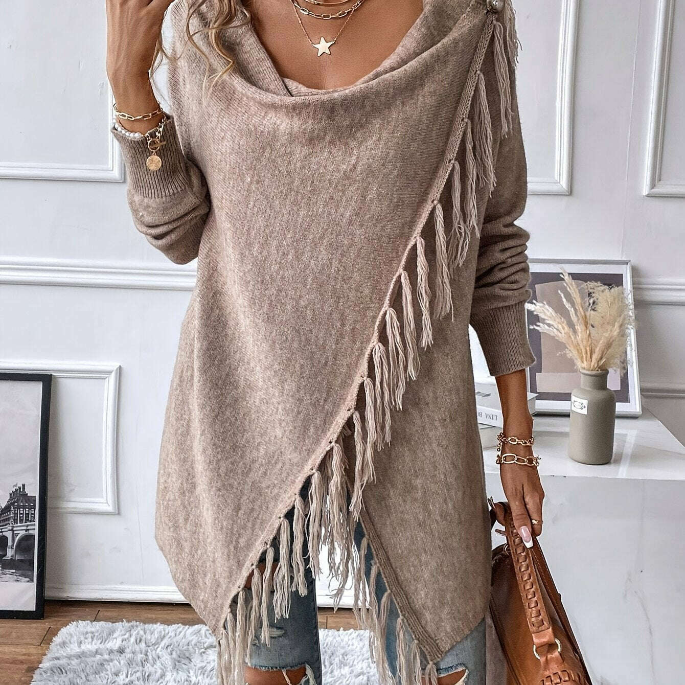 Womens Gray Tassel Shawl – V-Neck, Soft Fringe Wrap Khaki