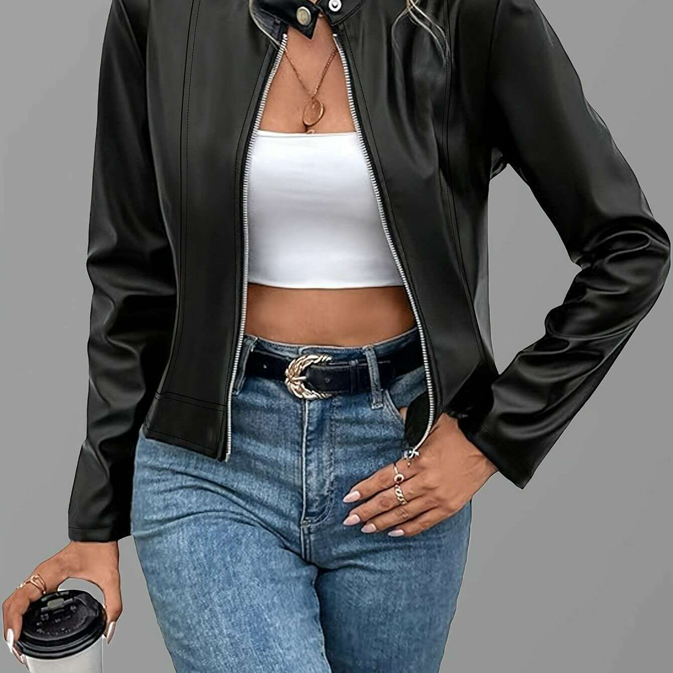 Womens Elegant Black PU Jacket – Chic Fall/Winter Style