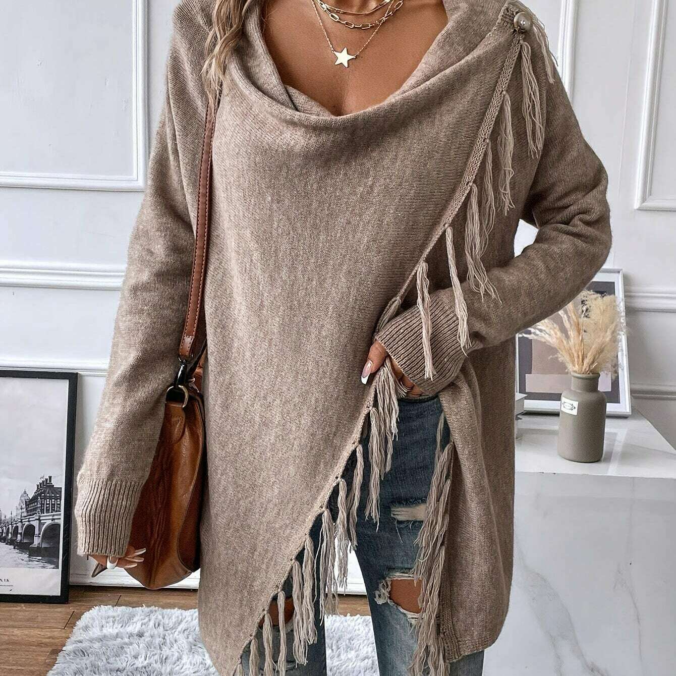 Womens Gray Tassel Shawl – V-Neck, Soft Fringe Wrap