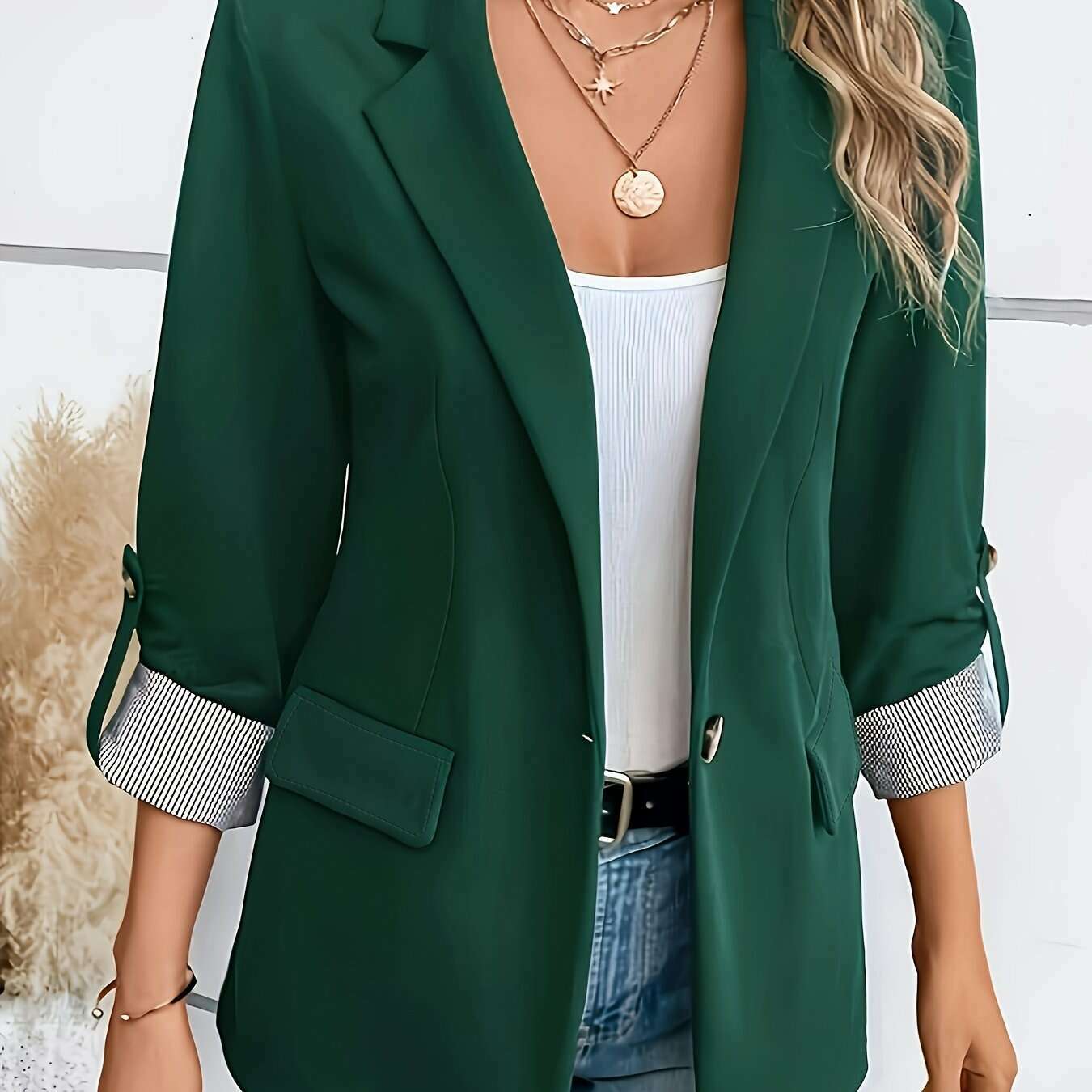 Women’s Light Blue Double-Breasted Blazer with 3/4 Sleeves Dark Green