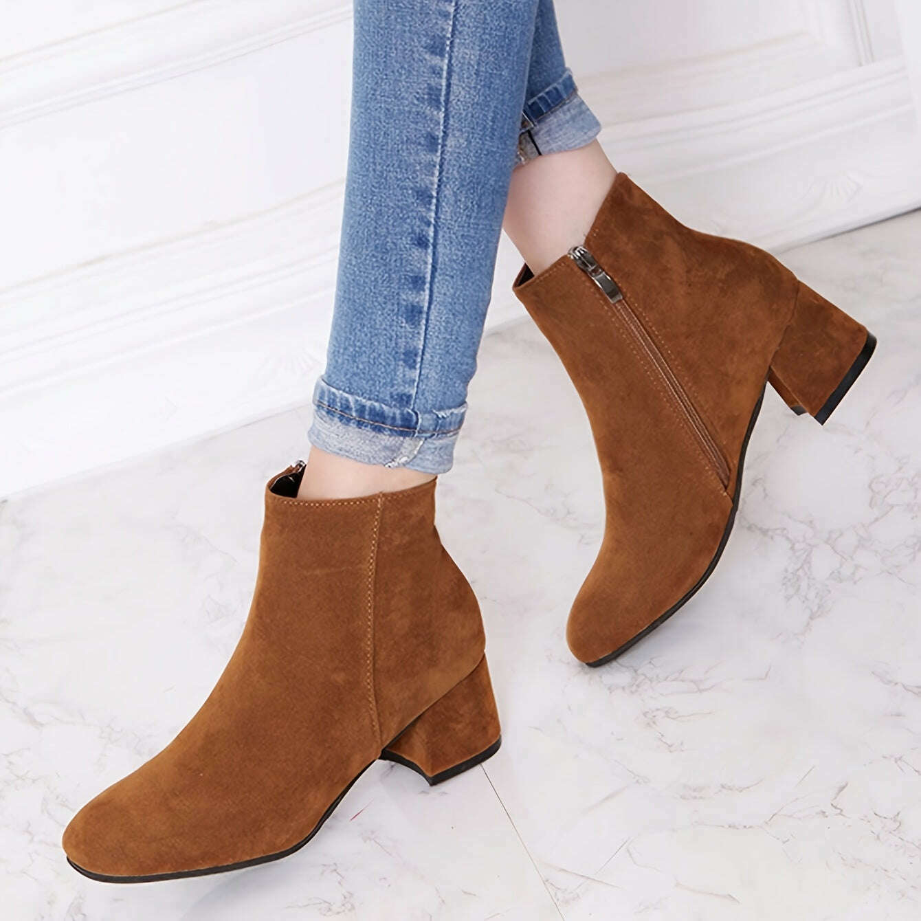 Women's Solid Color Block Heeled Ankle Boots - Side Zipper Short Boots