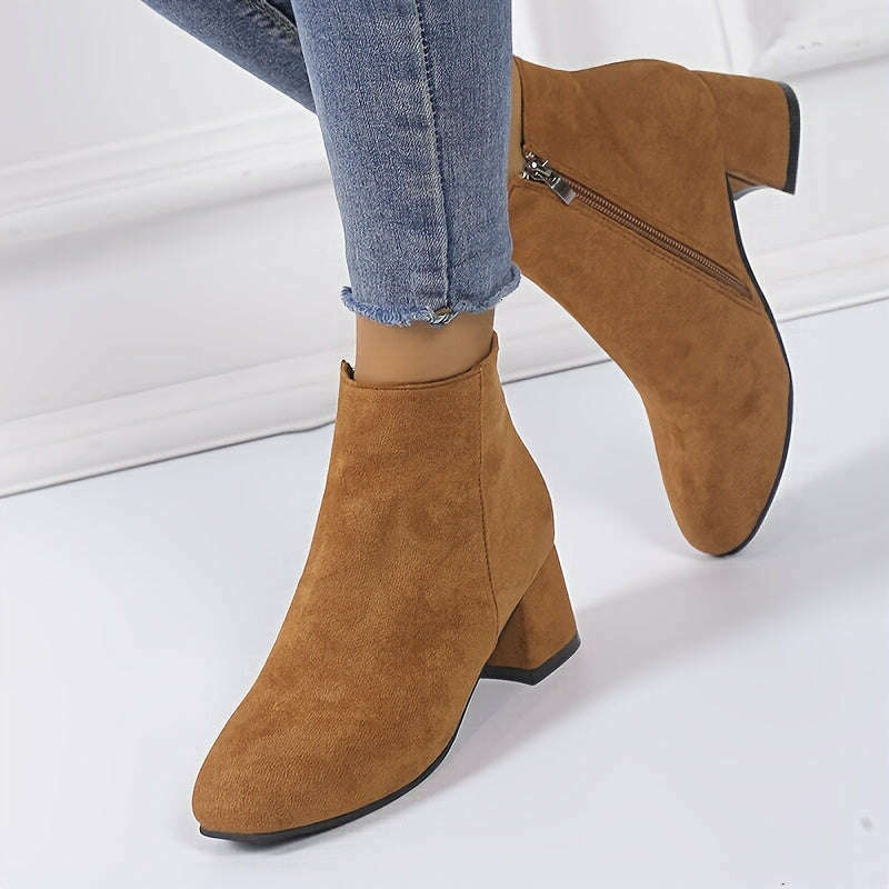 Women's Solid Color Block Heeled Ankle Boots - Side Zipper Short Boots
