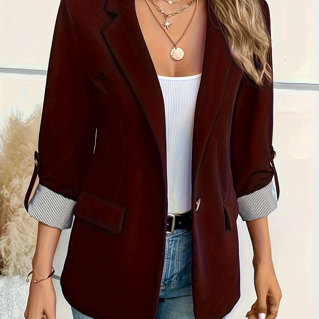Women’s Light Blue Double-Breasted Blazer with 3/4 Sleeves crimson