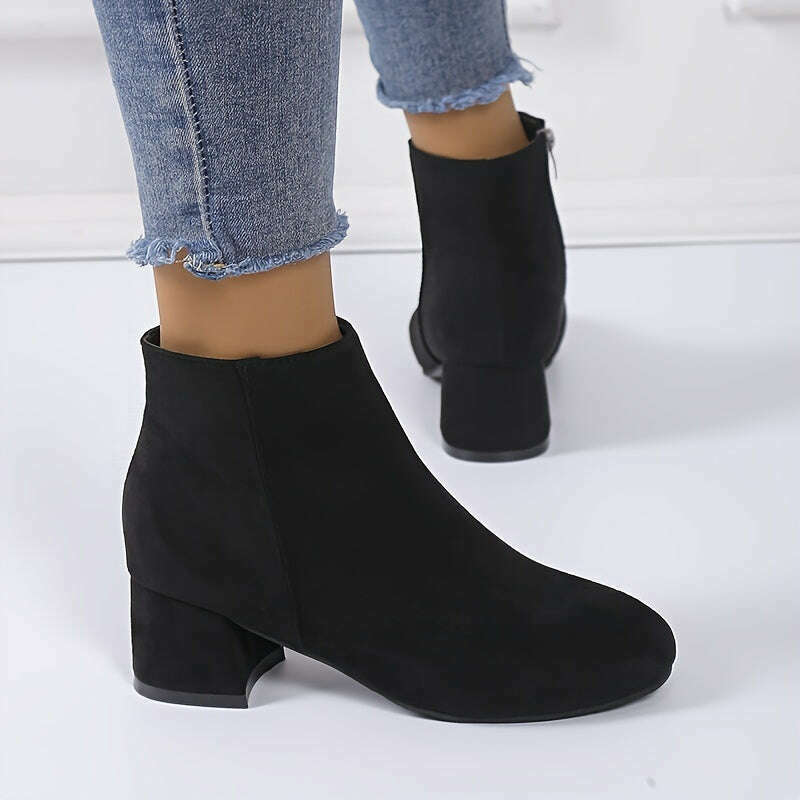 Women's Solid Color Block Heeled Ankle Boots - Side Zipper Short Boots