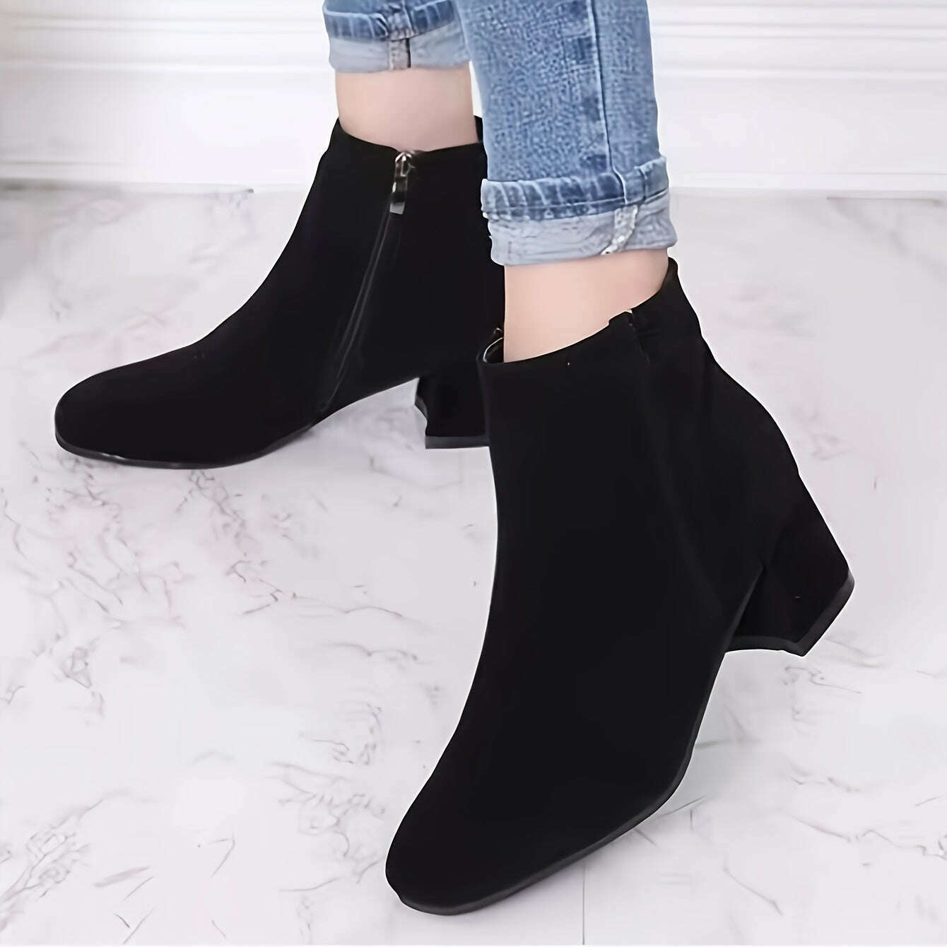 Women's Solid Color Block Heeled Ankle Boots - Side Zipper Short Boots