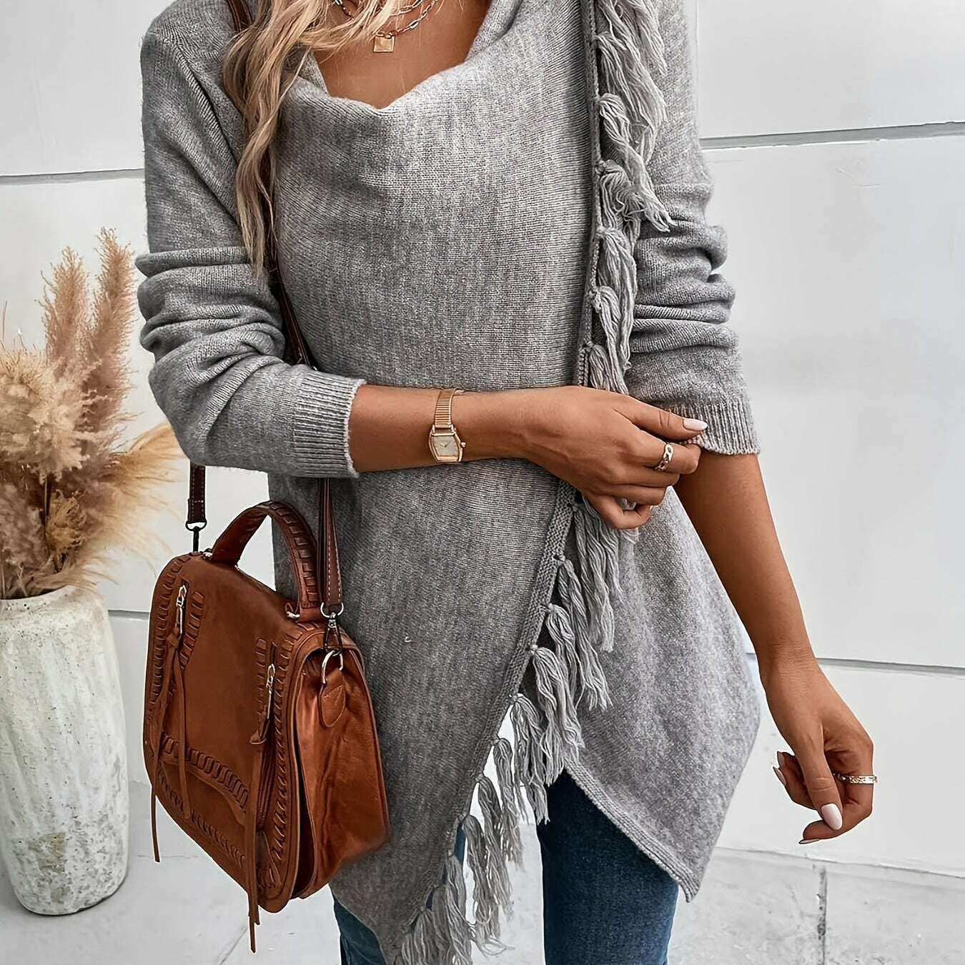 Womens Gray Tassel Shawl – V-Neck, Soft Fringe Wrap