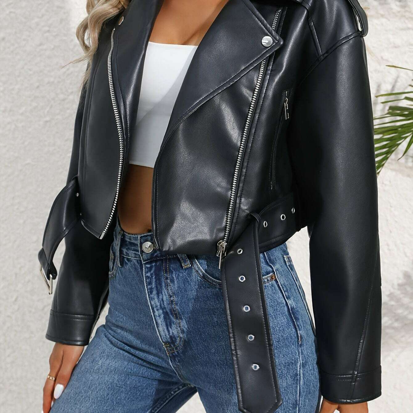 Womens Black Faux Leather Jacket – Belted Streetwear