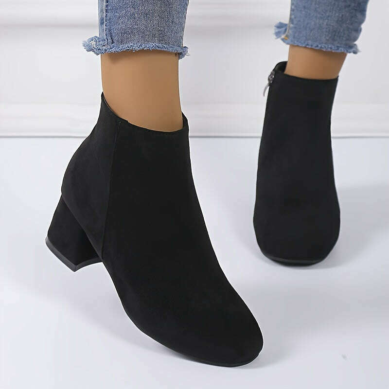 Women's Solid Color Block Heeled Ankle Boots - Side Zipper Short Boots