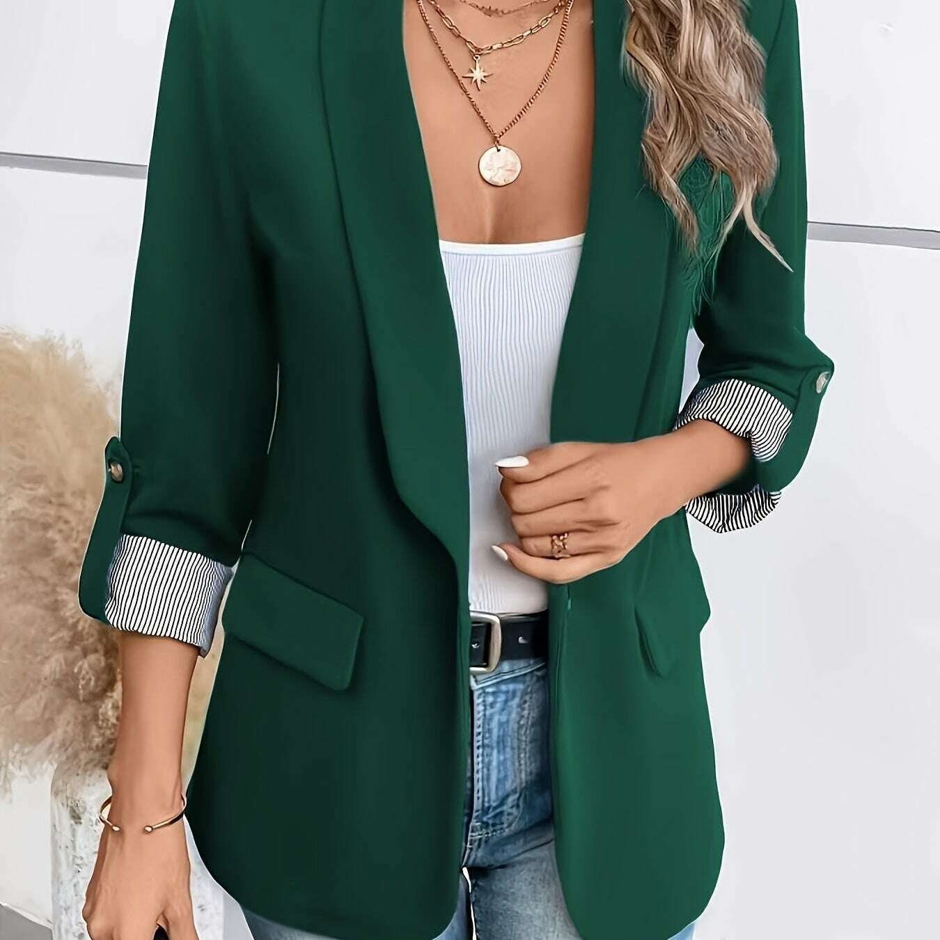 Women’s Light Blue Double-Breasted Blazer with 3/4 Sleeves