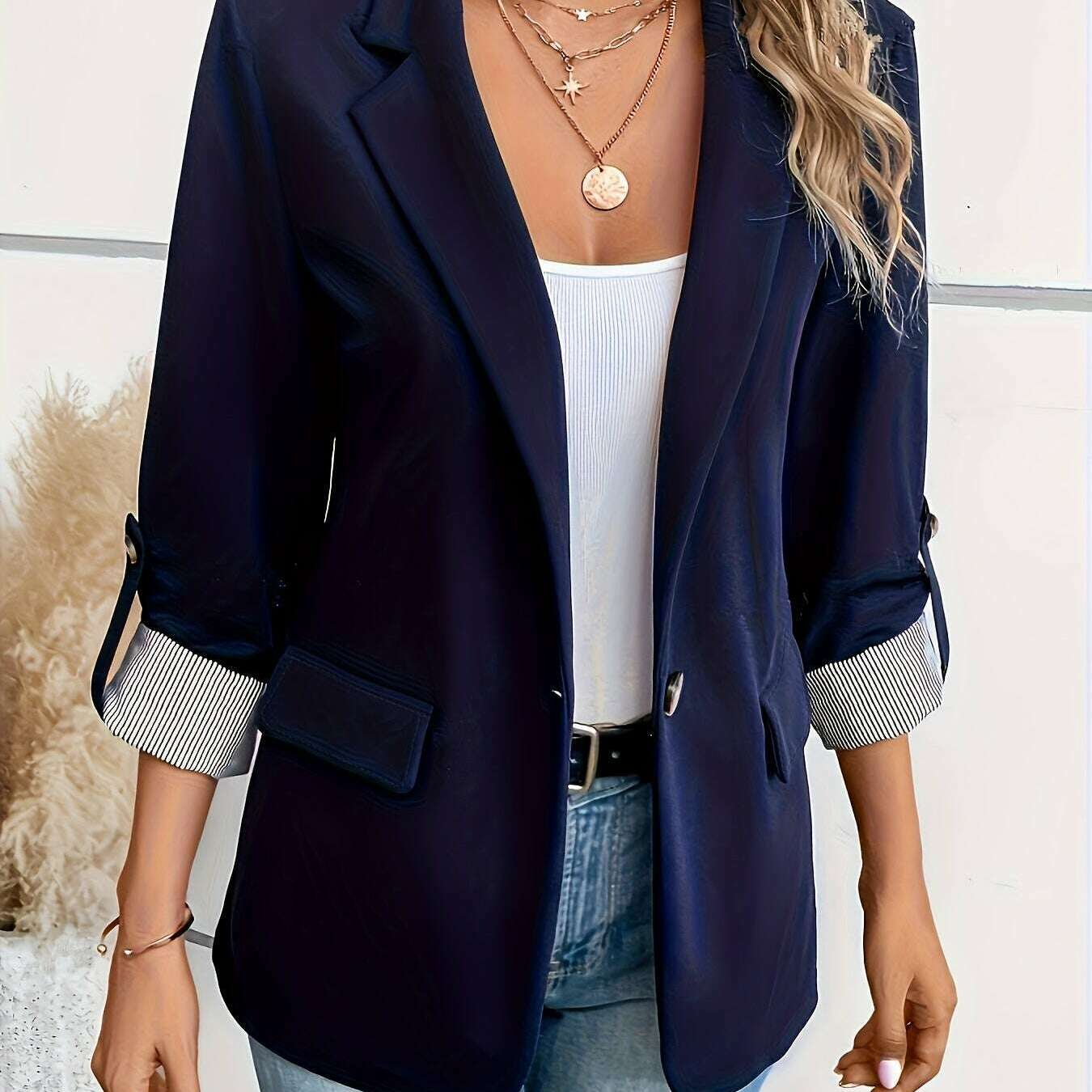 Women’s Light Blue Double-Breasted Blazer with 3/4 Sleeves