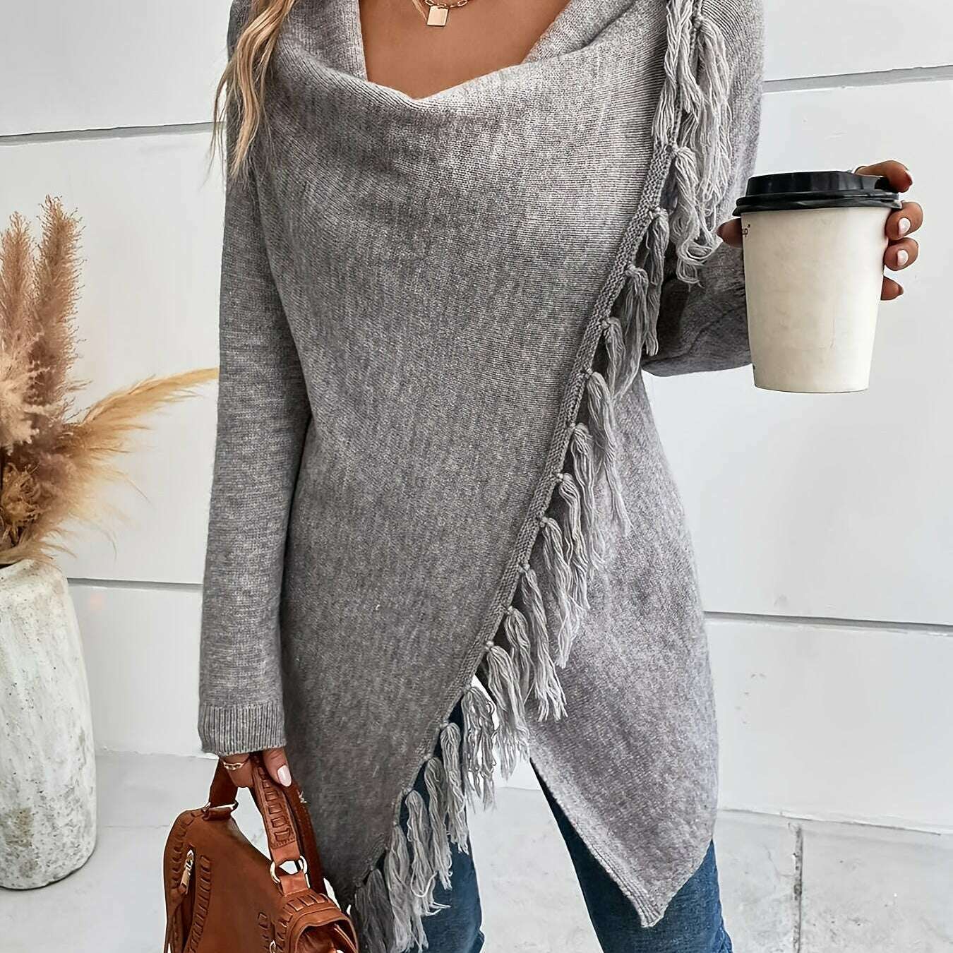 Womens Gray Tassel Shawl – V-Neck, Soft Fringe Wrap