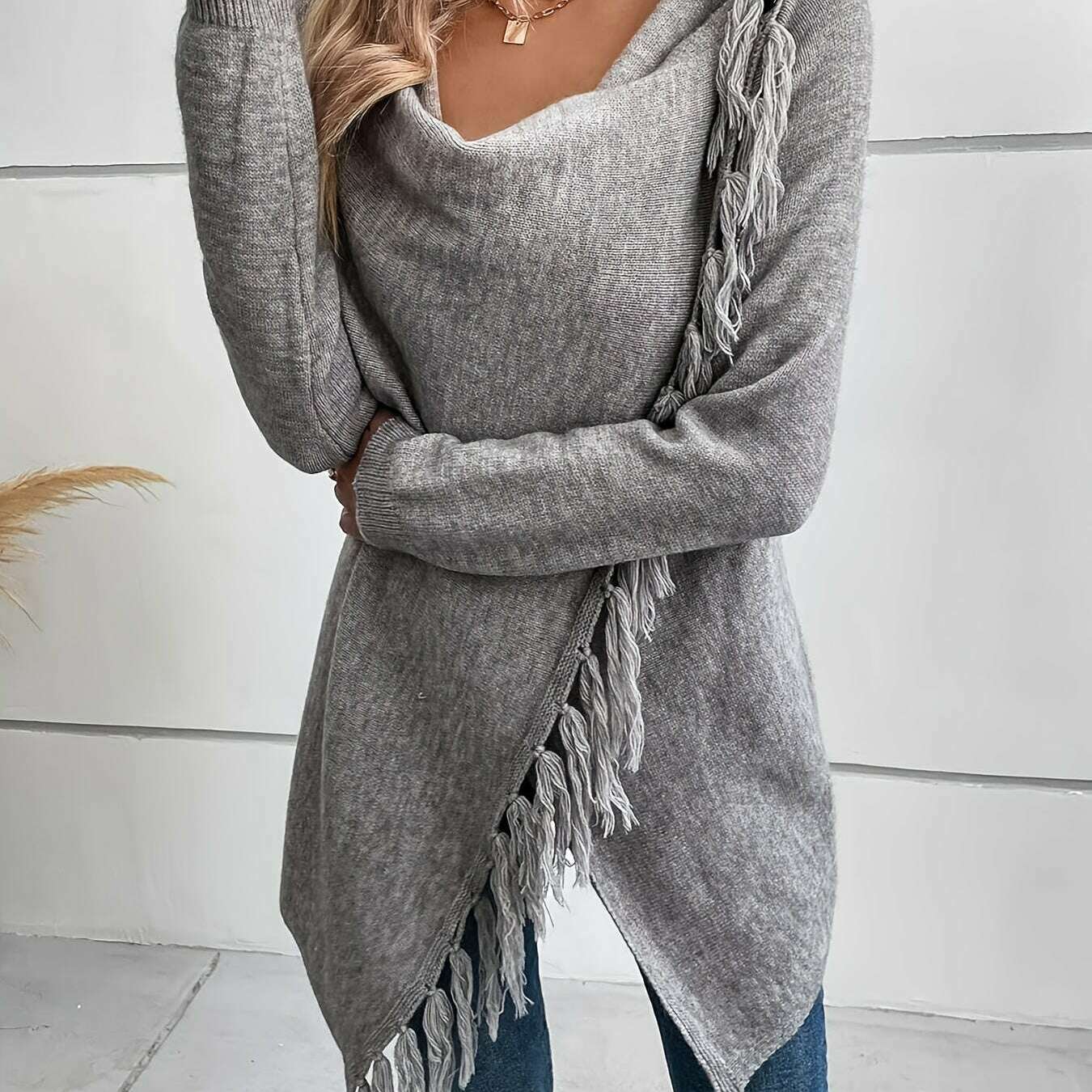 Womens Gray Tassel Shawl – V-Neck, Soft Fringe Wrap