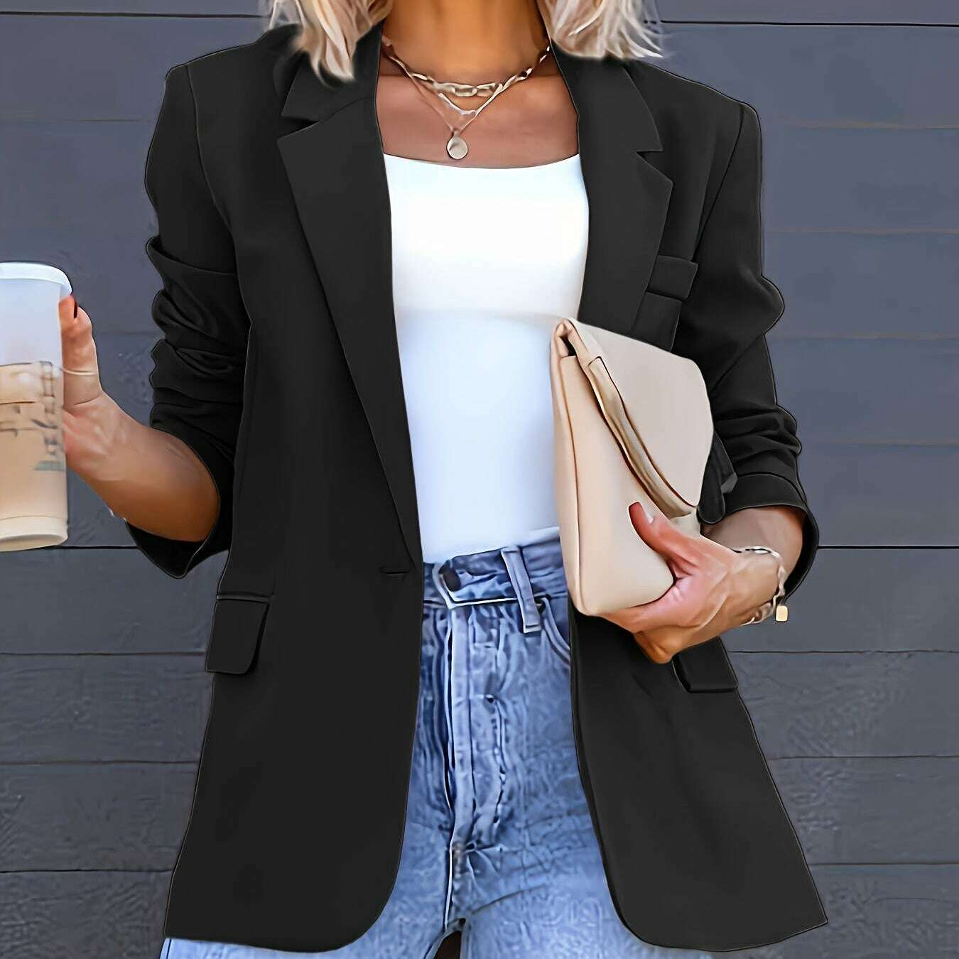 Women’s Single-Button Blazer with Tailored Fit and Long Sleeves Black