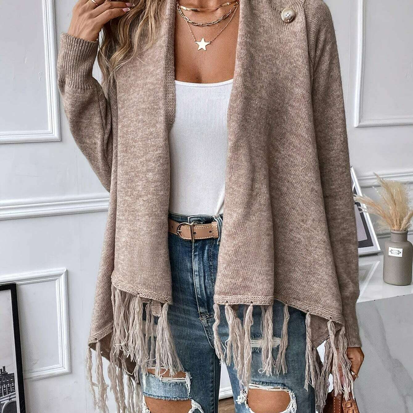 Womens Gray Tassel Shawl – V-Neck, Soft Fringe Wrap