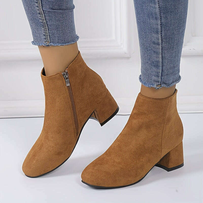Women's Solid Color Block Heeled Ankle Boots - Side Zipper Short Boots