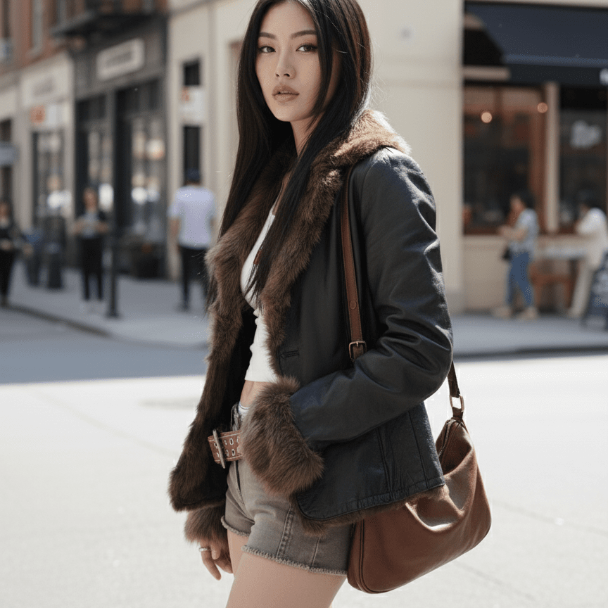 Womens Retro PU Jacket – Faux Fur Trim Winter Slim Coat