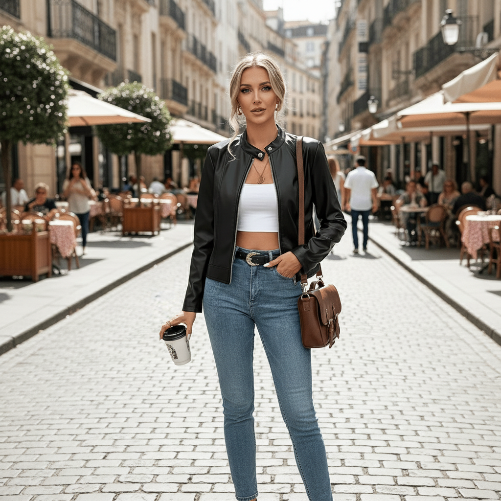 Womens Elegant Black PU Jacket – Chic Fall/Winter Style Black