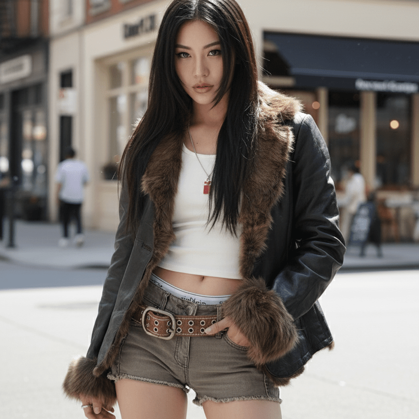 Womens Retro PU Jacket – Faux Fur Trim Winter Slim Coat Black