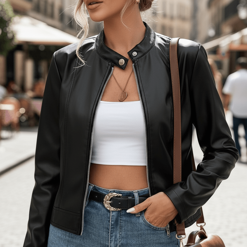 Womens Elegant Black PU Jacket – Chic Fall/Winter Style