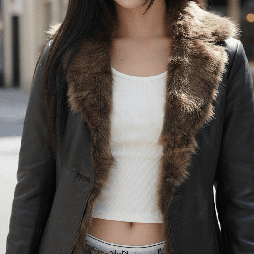 Womens Retro PU Jacket – Faux Fur Trim Winter Slim Coat