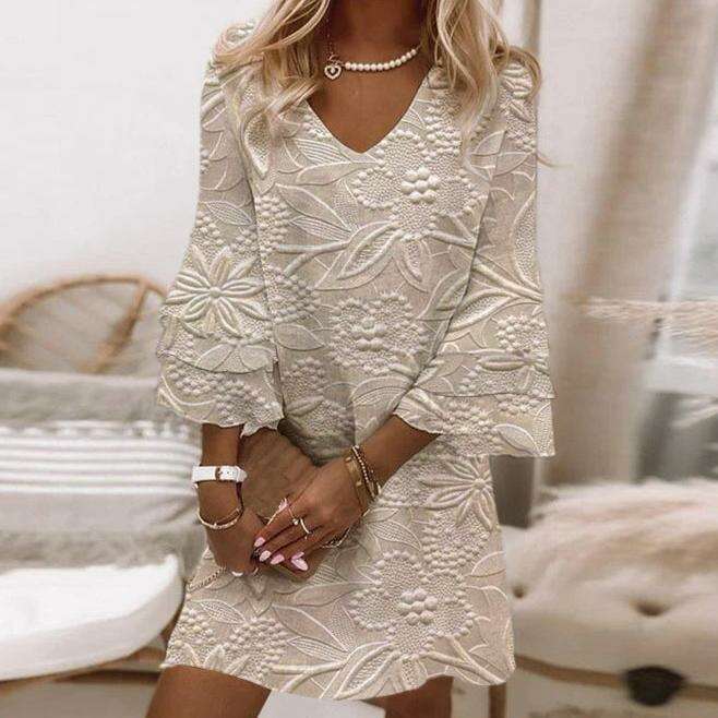 Womens Patricia Romantic Floral Print V-Neck Mini Dress Apricot