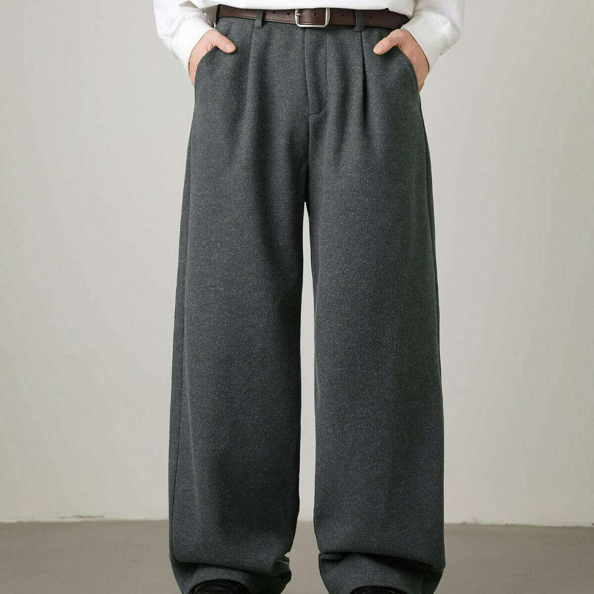 Womens Wool Blend Wide-Leg Trousers Dark Grey