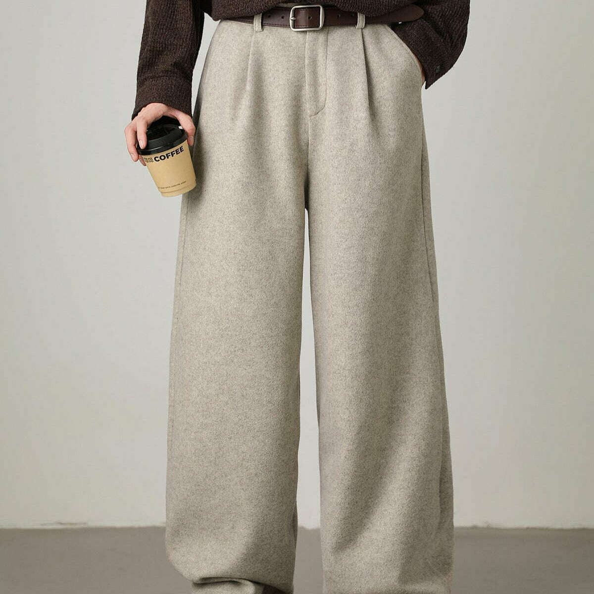 Womens Wool Blend Wide-Leg Trousers Beige