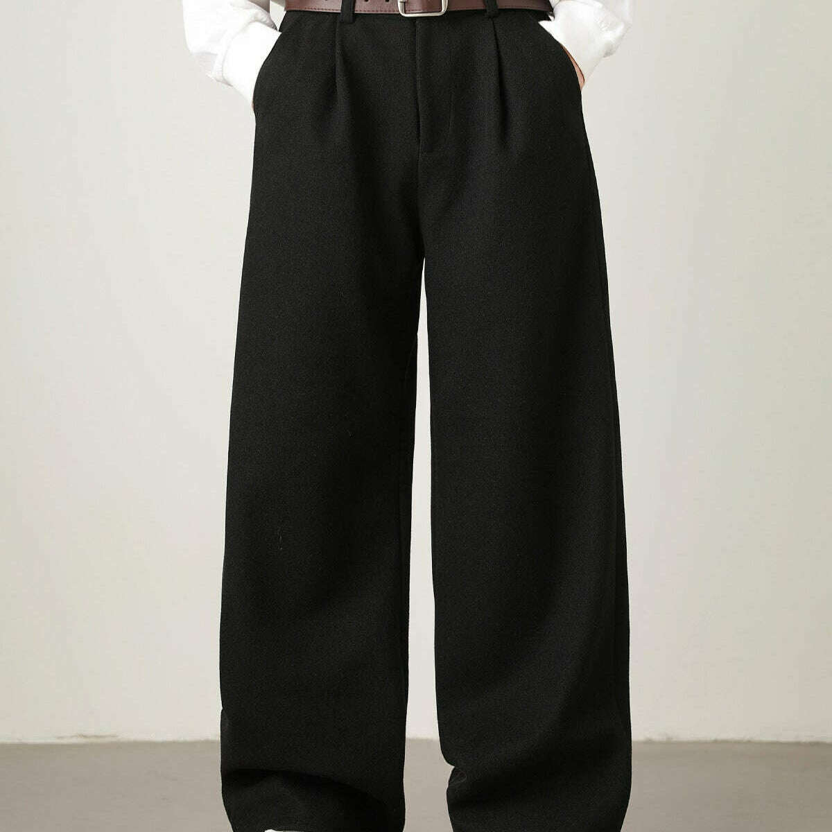 Womens Wool Blend Wide-Leg Trousers Black