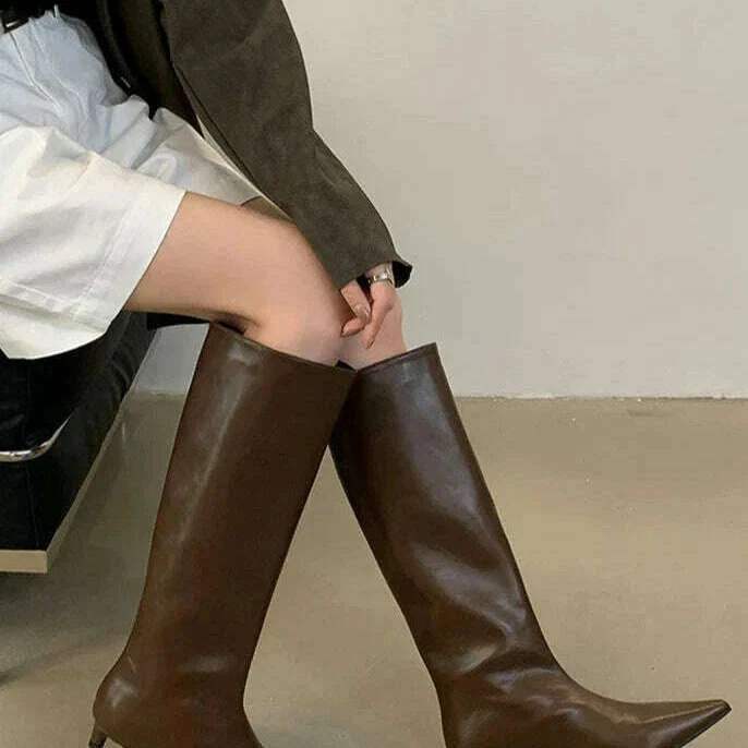 Nina | Ladies Genuine Leather Kitten Heel Boots Brown