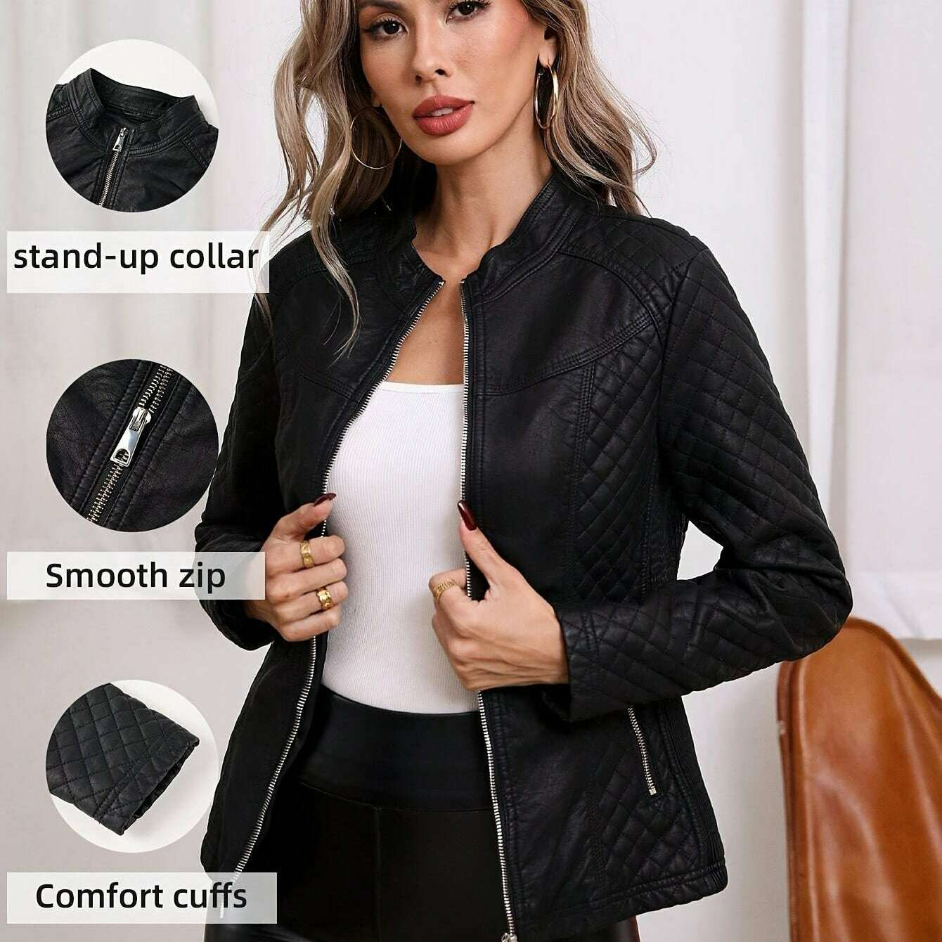 Womens Faux Leather Biker Jacket – Retro Short Coat