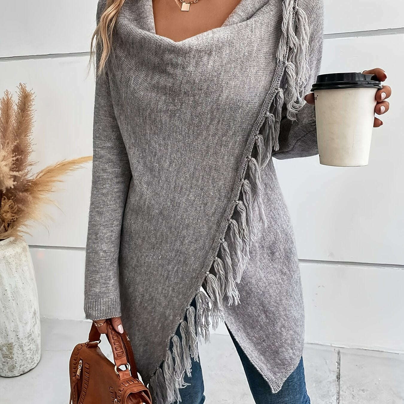 Womens Gray Tassel Shawl – V-Neck, Soft Fringe Wrap grey