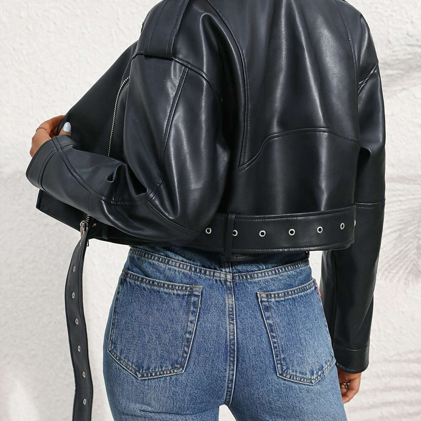 Womens Black Faux Leather Jacket – Belted Streetwear