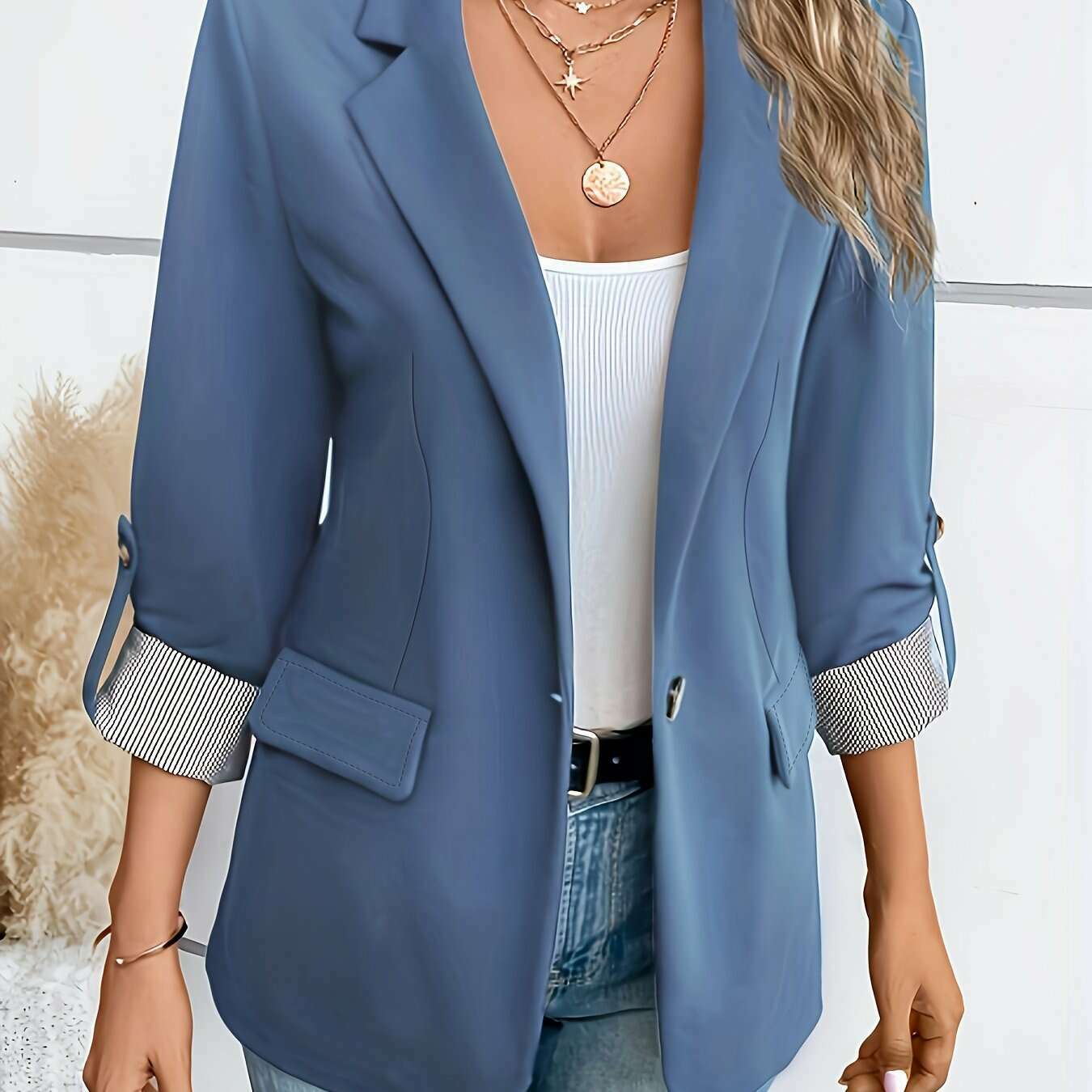 Women’s Light Blue Double-Breasted Blazer with 3/4 Sleeves Haze Blue