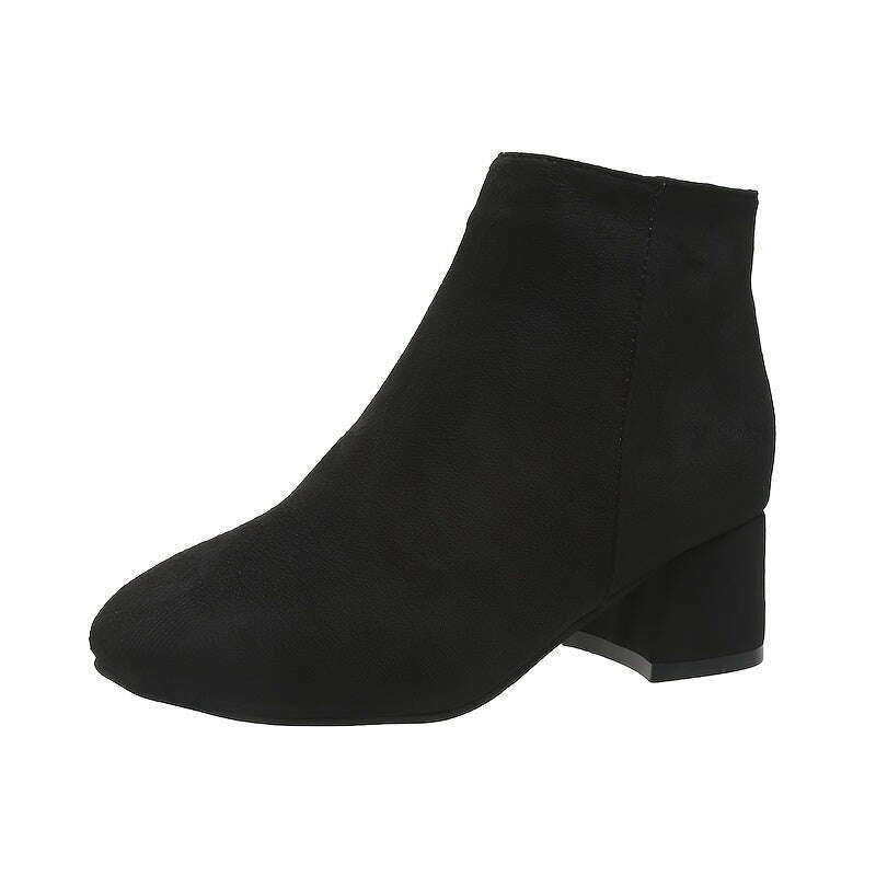 Women's Solid Color Block Heeled Ankle Boots - Side Zipper Short Boots Black