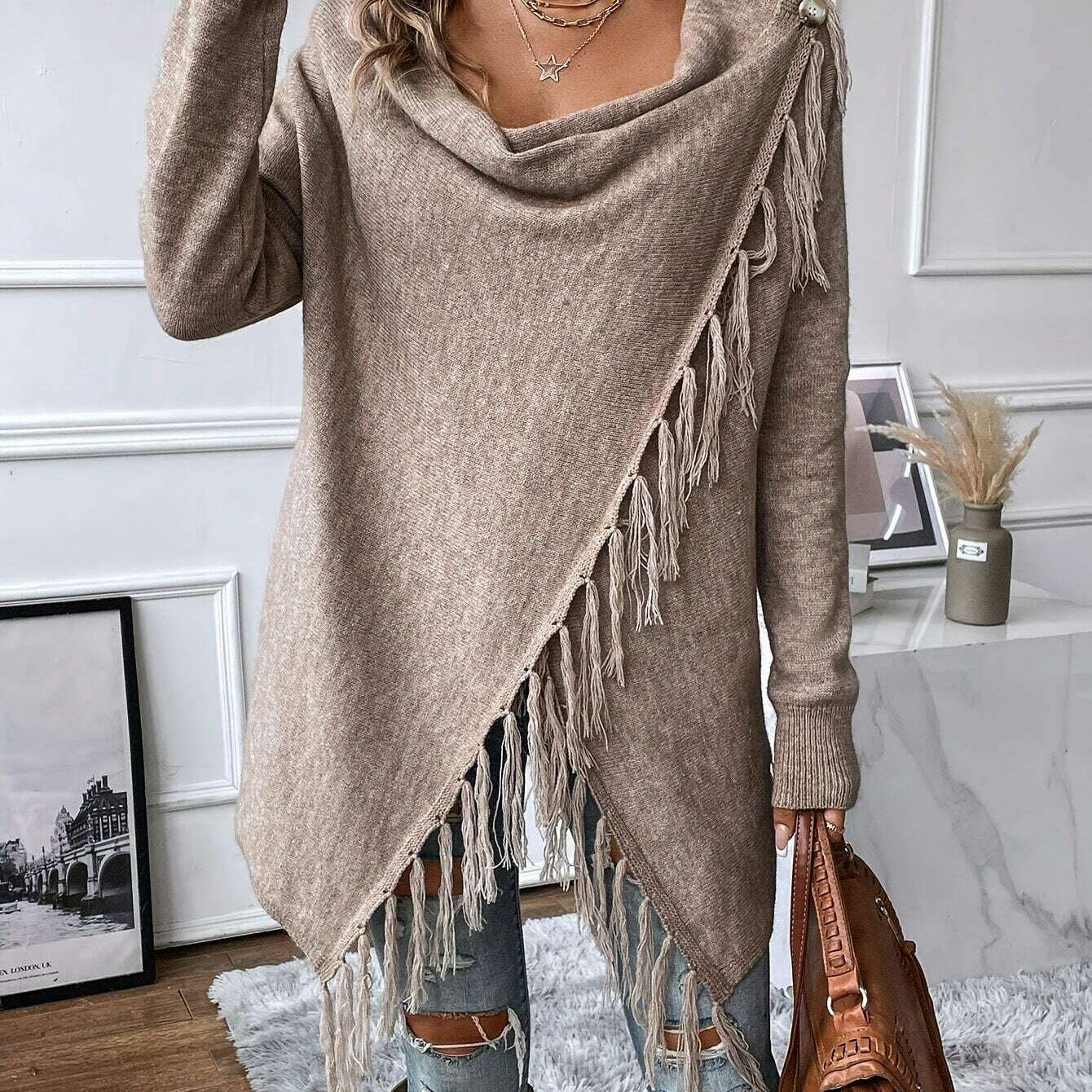 Womens Gray Tassel Shawl – V-Neck, Soft Fringe Wrap