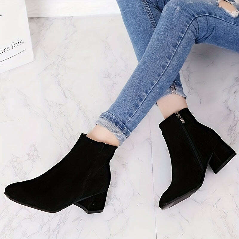Women's Solid Color Block Heeled Ankle Boots - Side Zipper Short Boots