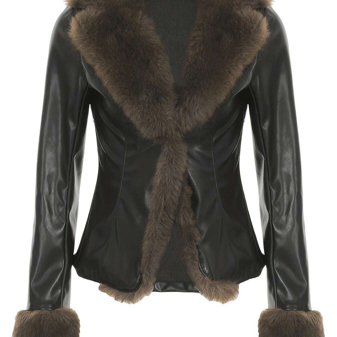 Womens Retro PU Jacket – Faux Fur Trim Winter Slim Coat