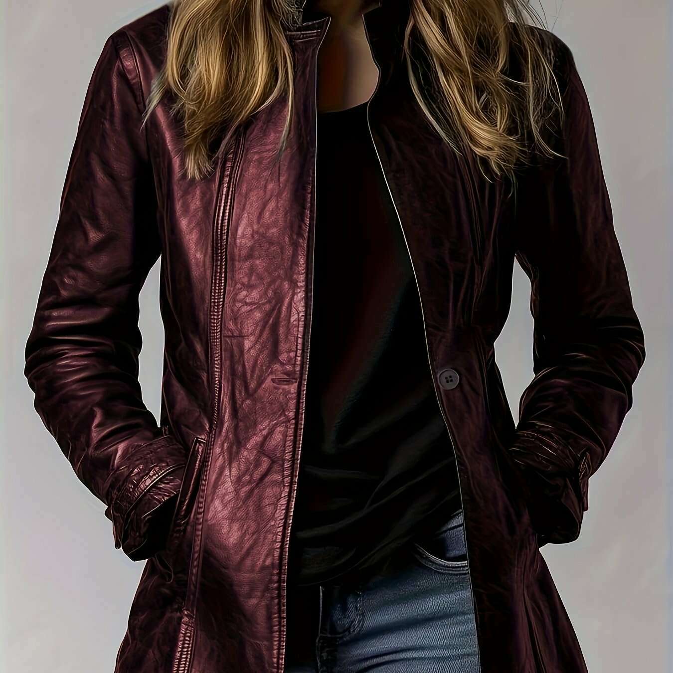 Womens Black Faux Leather Jacket – Glossy Chic All-Season crimson