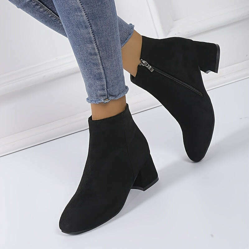 Women's Solid Color Block Heeled Ankle Boots - Side Zipper Short Boots