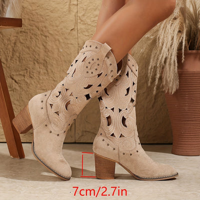 Western Cowboy Boots – Embroidered, Block Heel, Beige - Lunavitae