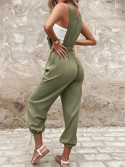 Olive Green Cargo Jumpsuit – Drawstring Waist, Pockets - Lunavitae