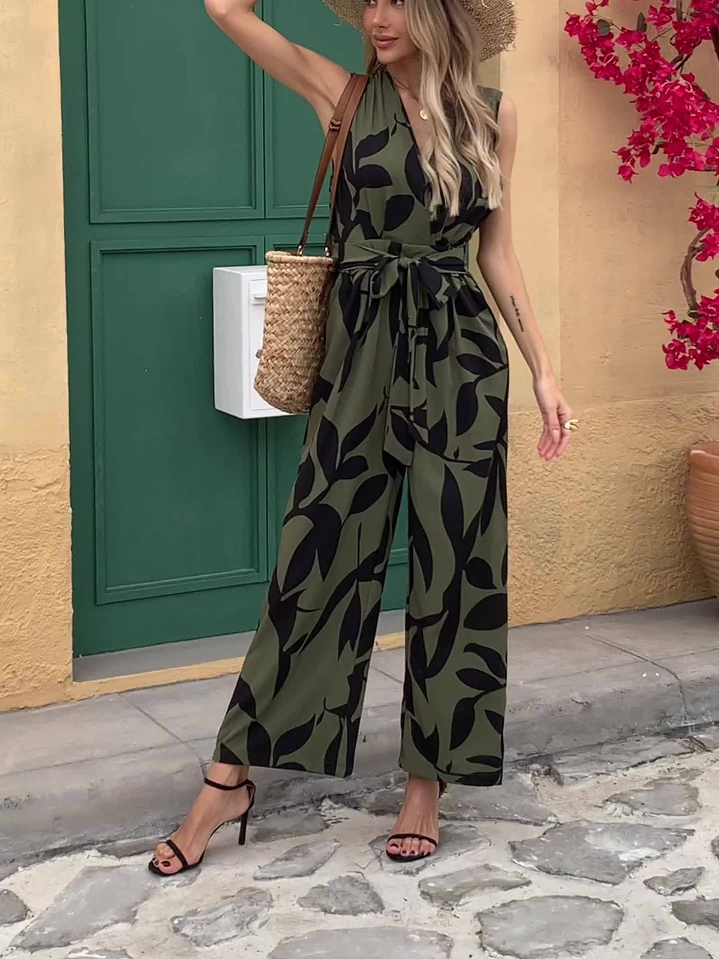 Sleeveless V-Neck Jumpsuit – Wide Leg, Cinched Waist - Lunavitae