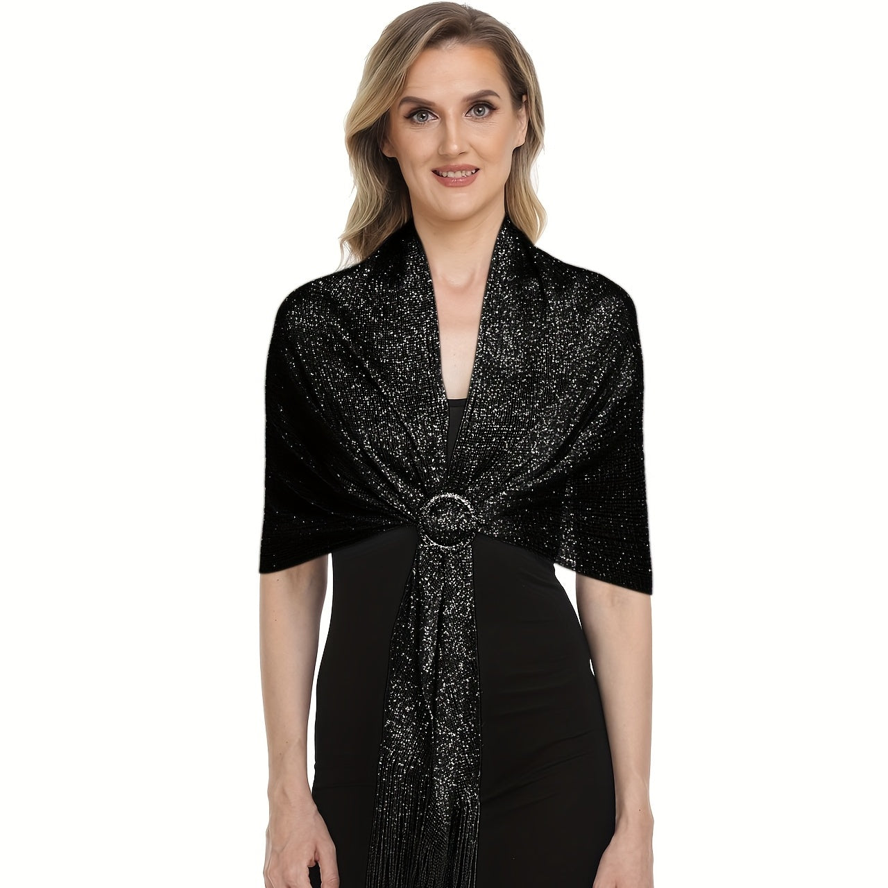 Sparkling Metallic Shawl – Tassel Wrap with Buckle - Lunavitae