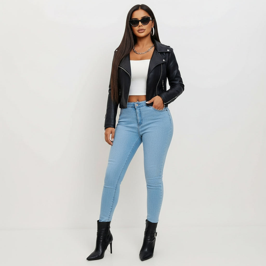 Womens Beige Faux Leather Biker Jacket – Chic Slim Fit for Women