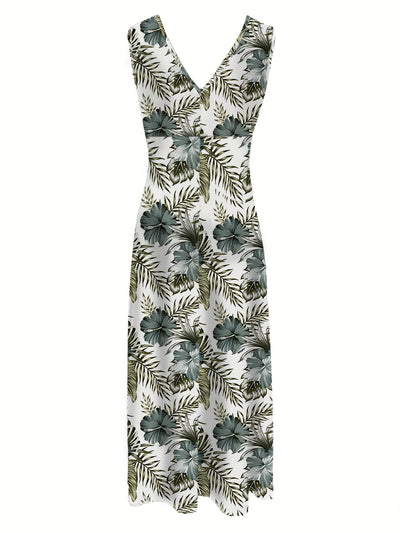 Floral V-Neck Midi Dress – Sleeveless, Flowy Skirt - Lunavitae
