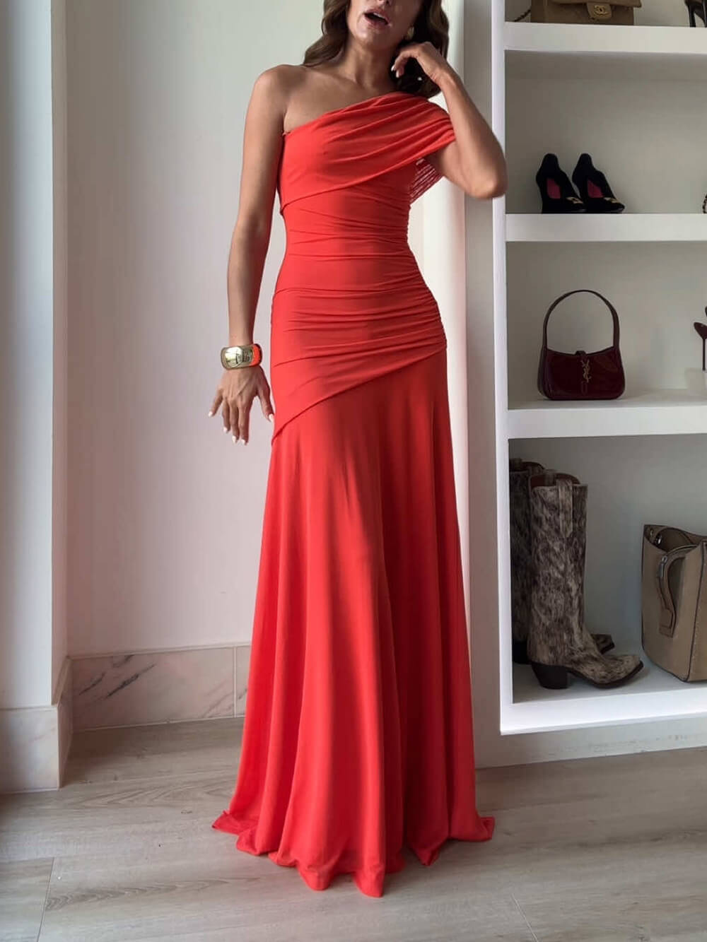 Elegance Effortless  Mesh Off Shoulder Ruched Stretch Maxi Dress - Lunavitae