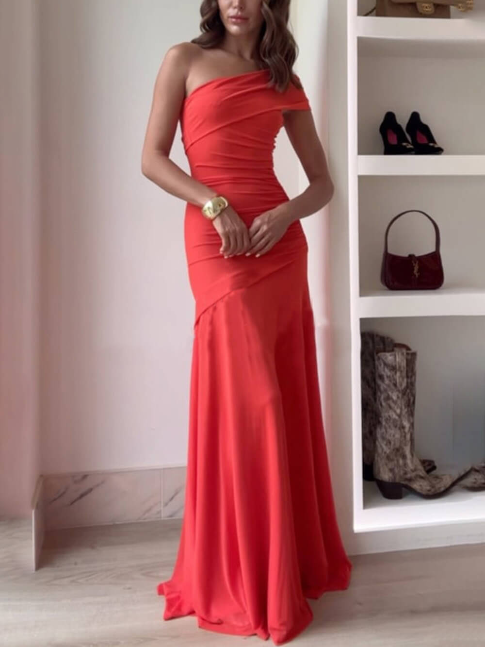 Elegance Effortless  Mesh Off Shoulder Ruched Stretch Maxi Dress - Lunavitae