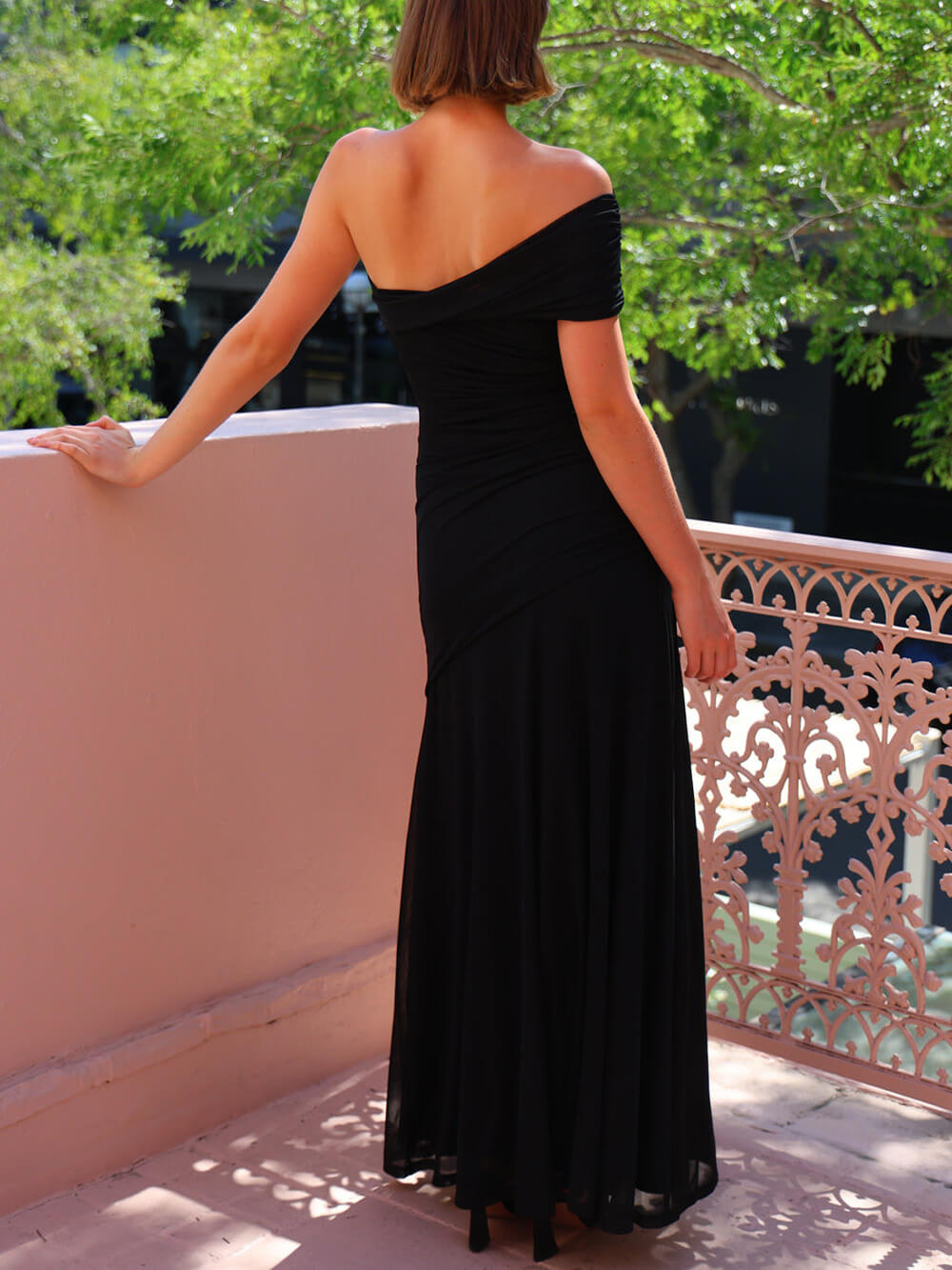 Elegance Effortless  Mesh Off Shoulder Ruched Stretch Maxi Dress - Lunavitae