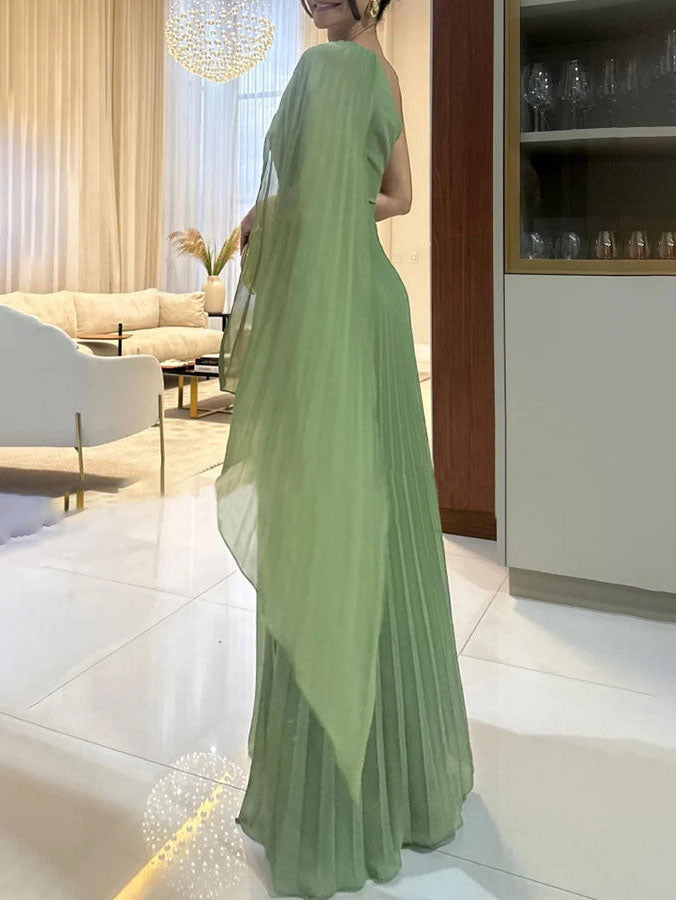 Elegant Flowing Pleated Off-the-Shoulder Maxi Dress - Lunavitae