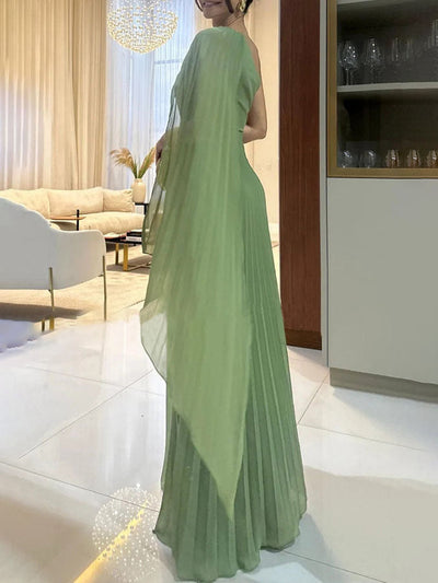 Elegant Flowing Pleated Off-the-Shoulder Maxi Dress - Lunavitae